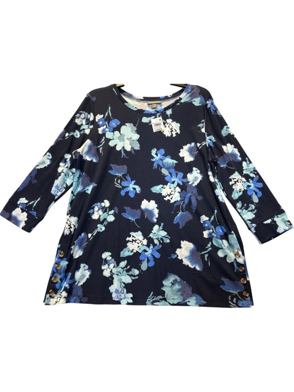 Style & Co Womens Large Side Button Tee Industrial Blue Floral Top